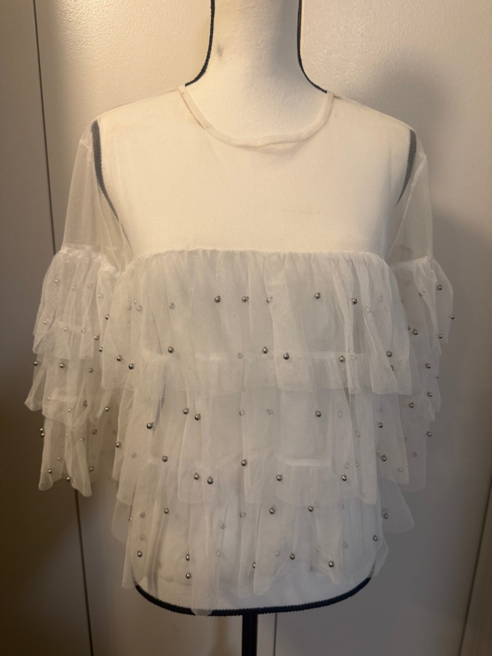 Sheer White Tiered Ruffle Blouse with Bead Detail